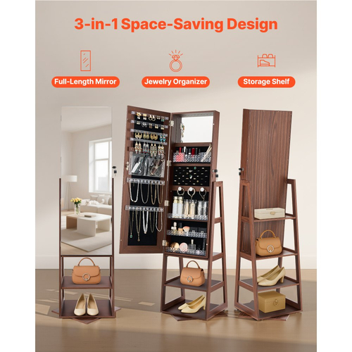 Κοσμηματοθήκη VEVOR περιστρεφόμενη 360°, ύψος 1550 mm, καθρέφτης πλήρους μήκους με αποθηκευτικό χώρο, όρθια περιστρεφόμενη θήκη κοσμημάτων, πόρτα που κλειδώνει με 2 κλειδιά, θήκες αξεσουάρ και ράφια αποθήκευσης