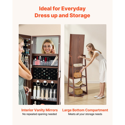 Κοσμηματοθήκη VEVOR περιστρεφόμενη 360°, ύψος 1550 mm, καθρέφτης πλήρους μήκους με αποθηκευτικό χώρο, όρθια περιστρεφόμενη θήκη κοσμημάτων, πόρτα που κλειδώνει με 2 κλειδιά, θήκες αξεσουάρ και ράφια αποθήκευσης