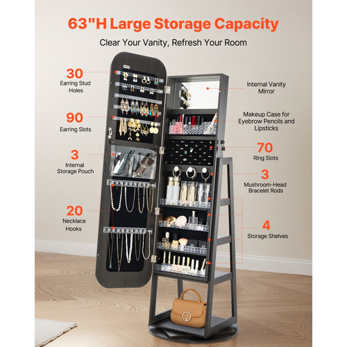 Κοσμηματοθήκη VEVOR περιστρεφόμενη 360°, ύψος 1600 mm, καθρέφτης πλήρους μήκους με αποθηκευτικό χώρο, όρθια περιστρεφόμενη θήκη κοσμημάτων, πόρτα που κλειδώνει με 2 κλειδιά, θήκες αξεσουάρ και ράφια αποθήκευσης
