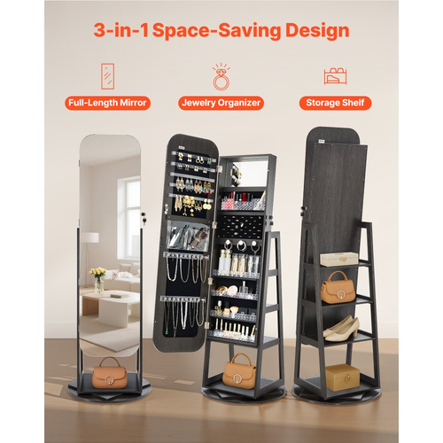 Κοσμηματοθήκη VEVOR περιστρεφόμενη 360°, ύψος 1600 mm, καθρέφτης πλήρους μήκους με αποθηκευτικό χώρο, όρθια περιστρεφόμενη θήκη κοσμημάτων, πόρτα που κλειδώνει με 2 κλειδιά, θήκες αξεσουάρ και ράφια αποθήκευσης