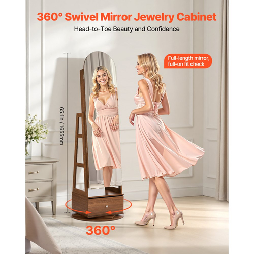 Κοσμηματοθήκη VEVOR περιστρεφόμενη 360°, ύψος 1655 mm, καθρέφτης πλήρους μήκους με αποθηκευτικό χώρο, όρθια περιστρεφόμενη θήκη οργάνωσης κοσμημάτων, κλειδώνει με 2 κλειδιά, θήκες αξεσουάρ, ράφια αποθήκευσης και συρτάρι