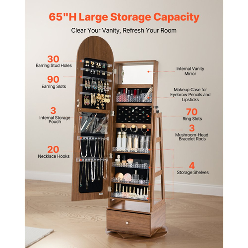 Κοσμηματοθήκη VEVOR περιστρεφόμενη 360°, ύψος 1655 mm, καθρέφτης πλήρους μήκους με αποθηκευτικό χώρο, όρθια περιστρεφόμενη θήκη οργάνωσης κοσμημάτων, κλειδώνει με 2 κλειδιά, θήκες αξεσουάρ, ράφια αποθήκευσης και συρτάρι