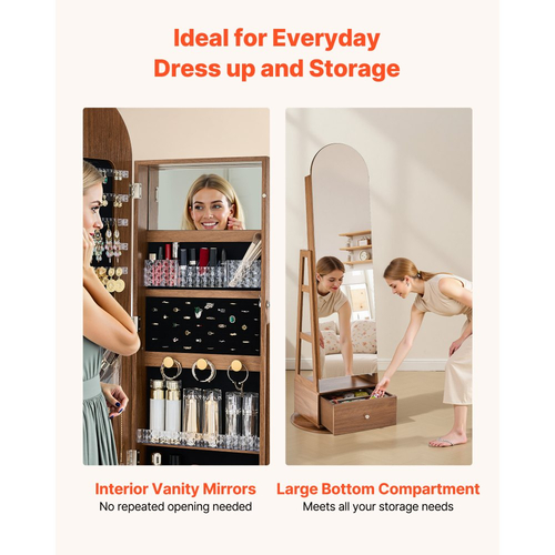 Κοσμηματοθήκη VEVOR περιστρεφόμενη 360°, ύψος 1655 mm, καθρέφτης πλήρους μήκους με αποθηκευτικό χώρο, όρθια περιστρεφόμενη θήκη οργάνωσης κοσμημάτων, κλειδώνει με 2 κλειδιά, θήκες αξεσουάρ, ράφια αποθήκευσης και συρτάρι