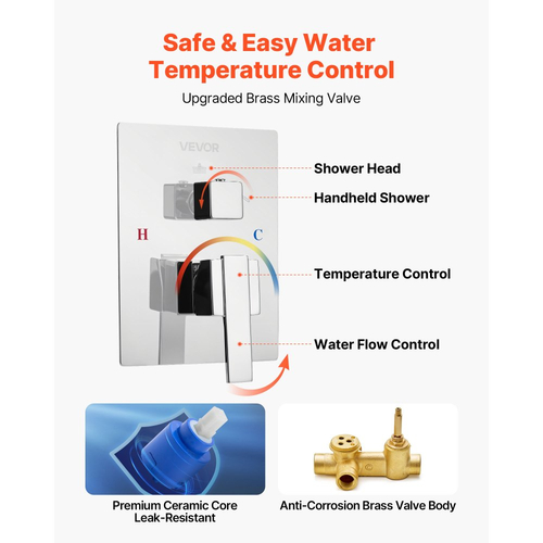 Σετ βρύσης ντους VEVOR, Σύστημα ντους μπάνιου βροχής με τετράγωνη κεφαλή ντους βροχής 10 ιντσών (25,4 cm) και φορητό ψεκαστήρα, Επιτοίχια φωτιστικά μπάνιου με ορειχάλκινη βαλβίδα και κιτ επένδυσης, Ασημί χρώμιο