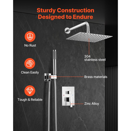 Σετ βρύσης ντους VEVOR, Σύστημα ντους μπάνιου βροχής με τετράγωνη κεφαλή ντους βροχής 10 ιντσών (25,4 cm) και φορητό ψεκαστήρα, Επιτοίχια φωτιστικά μπάνιου με ορειχάλκινη βαλβίδα και κιτ επένδυσης, Ασημί χρώμιο