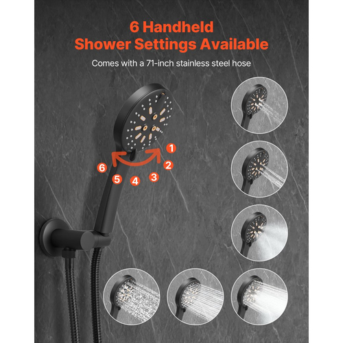 Σετ βρύσης ντους VEVOR, Σύστημα ντους μπάνιου βροχής με στρογγυλή κεφαλή ντους βροχής 12 ιντσών (30,5 cm) και φορητό ψεκαστήρα, Επιτοίχια φωτιστικά μπάνιου με ορειχάλκινη βαλβίδα και κιτ επένδυσης, Ματ μαύρο