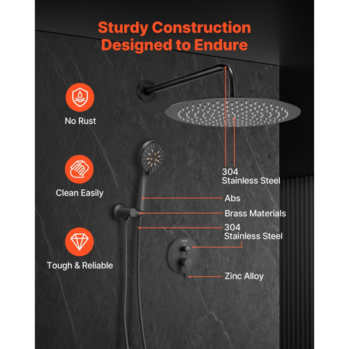 Σετ βρύσης ντους VEVOR, Σύστημα ντους μπάνιου βροχής με στρογγυλή κεφαλή ντους βροχής 12 ιντσών (30,5 cm) και φορητό ψεκαστήρα, Επιτοίχια φωτιστικά μπάνιου με ορειχάλκινη βαλβίδα και κιτ επένδυσης, Ματ μαύρο