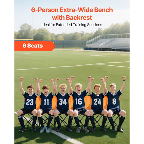 Φορητός Πτυσσόμενος Πάγκος VEVOR, Πτυσσόμενος Πάγκος Ποδοσφαίρου 6 Θέσεων με Πλαϊνές Τσέπες και Τσάντα Μεταφοράς, Ελαφρύ Πλαϊνό Κάθισμα με Πλάτη για Ποδόσφαιρο, Μπέιζμπολ, Κάμπινγκ, Υπαίθριες Εκδηλώσεις, Πορτοκαλί