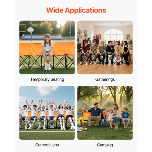 Φορητός Πτυσσόμενος Πάγκος VEVOR, Πτυσσόμενος Πάγκος Ποδοσφαίρου 6 Θέσεων με Πλαϊνές Τσέπες και Τσάντα Μεταφοράς, Ελαφρύ Πλαϊνό Κάθισμα με Πλάτη για Ποδόσφαιρο, Μπέιζμπολ, Κάμπινγκ, Υπαίθριες Εκδηλώσεις, Πορτοκαλί