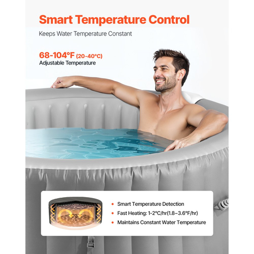 Φουσκωτό υδρομασάζ VEVOR, χωρητικότητας 4 έως 6 ατόμων, φορητό εξωτερικό σπα στρογγυλό 2080 x 660 mm, με 130 καταπραϋντικά ακροφύσια, προσκέφαλο, φως LED, κάλυμμα, πίνακα ελέγχου πολλαπλών λειτουργιών, εξωτερικό υδρομασάζ PVC, γκρι