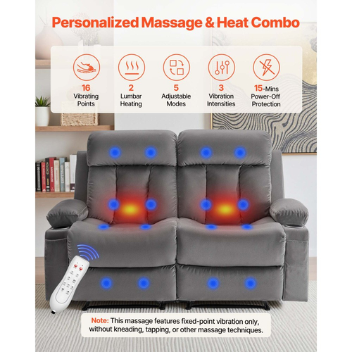 Καναπές-Ρολόι VEVOR με Ανακλινόμενο Κάθισμα, Ηλεκτρικά Ανακλινόμενος Καναπές με Θέρμανση και Μασάζ, Μαλακός Ηλεκτρικός Καναπές-Ρολόι από Βελούδο με Θύρες USB, Ποτηροθήκες και Πλαϊνές Τσάντες, Διπλή Πολυθρόνα-Ρολόι για Σαλόνι, Γκρι