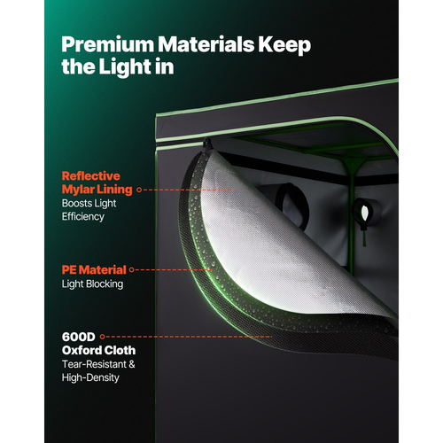 Κιτ εσωτερικής σκηνής καλλιέργειας VEVOR, 150 x 150 x 200cm, Σκηνή εσωτερικού χώρου για φυτά με φωτισμό LED πλήρους φάσματος και σύστημα εξαερισμού, 600D υψηλής ανακλαστικότητας Mylar, Σκηνές καλλιέργειας για άνθη λαχανικών