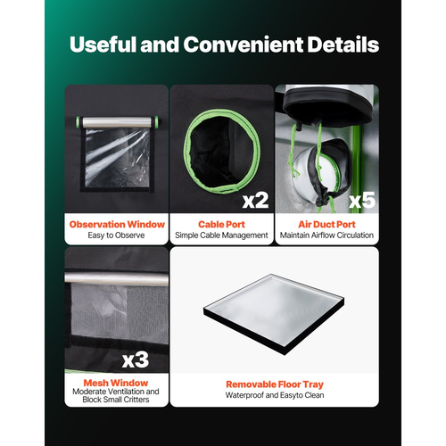 Κιτ εσωτερικής σκηνής καλλιέργειας VEVOR, 150 x 150 x 200cm, Σκηνή εσωτερικού χώρου για φυτά με φωτισμό LED πλήρους φάσματος και σύστημα εξαερισμού, 600D υψηλής ανακλαστικότητας Mylar, Σκηνές καλλιέργειας για άνθη λαχανικών