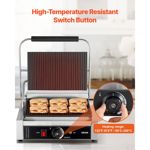 VEVOR Επαγγελματική Ψησταριά Panini, Ηλεκτρική Μηχανή Panini για Σάντουιτς 2200W, Πρέσα Σάντουιτς από Ανοξείδωτο Ατσάλι με Λαβή και Έλεγχο Θερμοκρασίας, Πλάκα από Σμάλτο 34x23 cm με Πλήρεις Αυλακώσεις, για Χάμπουργκερ, Μοσχάρι και Μπέικον
