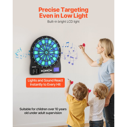 Ηλεκτρονική Γραμμή Βελακιών VEVOR, Φωτιζόμενη Γραμμή Βελακιών με LED και 48 Παιχνίδια & 500+ Παραλλαγές, Περιλαμβάνει 6 Στόχους Βελακιών με Flights & 50 Μαλακές Μύτες, Οθόνη LCD για Σκοράρισμα Κρίκετ - Υποστηρίζει Έως 8 Παίκτες