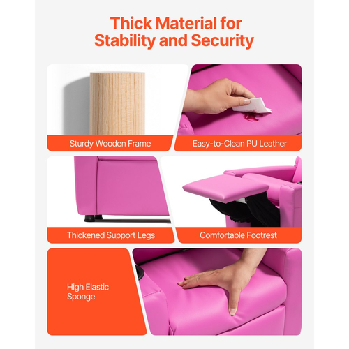 Παιδική Ανακλινόμενη Πολυθρόνα VEVOR, Ανακλινόμενη Πολυθρόνα για Νήπια με Θήκη για Ποτήρια, Ρυθμιζόμενη Πλάτη 101° έως 121°, Εύκολος Καθαρισμός από Δερμάτινο Πολυουρεθανικό Πολυουρεθανικό Καναπές με Υποπόδιο, Φορτίο 41 kg, για Αγόρια & Κορίτσια, Παιδιά (Ροζ)