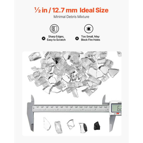 Πυροκρύσταλλο VEVOR, 10 LBS / 4,5 KG ανθεκτικά σε υψηλές θερμοκρασίες τζάκια, ανακλαστικό και άκαπνο γυάλινο πέτρωμα τζακιού 1/2 ίντσας / 12,7 mm, πέτρα υψηλής στιλπνότητας για τραπέζι τζακιού, διαφανές