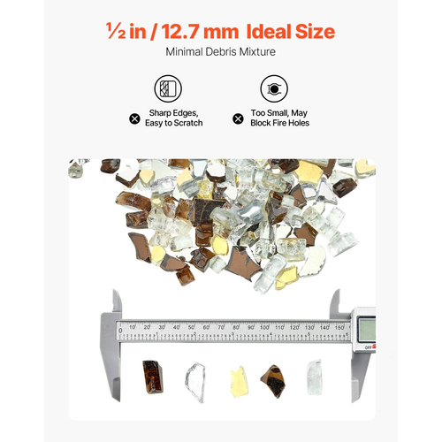 Πυρίμαχο γυαλί VEVOR, 10 λίβρες / 4,5 κιλά ανθεκτικά σε υψηλές θερμοκρασίες τζάκια, ανακλαστική γυάλινη πέτρα τζακιού 1/2 ίντσας / 12,7 mm, πέτρα υψηλής στιλπνότητας για τραπέζι τζακιού, χαλκός + διαφανές + χρυσός