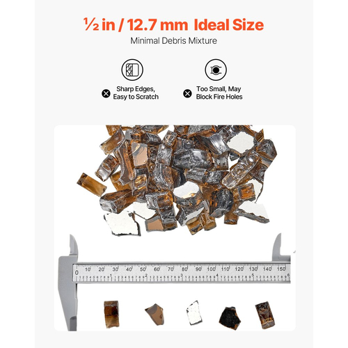 Πυρίμαχο γυαλί VEVOR, 10 LBS / 4,5 KG ανθεκτικά σε υψηλές θερμοκρασίες τζάκια, ανακλαστικό και άκαπνο γυάλινο πέτρωμα για τζάκι 1/2 ίντσας / 12,7 mm, πέτρα υψηλής στιλπνότητας για τραπέζι τζακιού, χαλκός