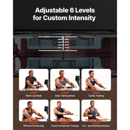 Μηχανή κωπηλασίας νερού VEVOR, αθόρυβη αντίσταση 6 επιπέδων, ξύλινη πτυσσόμενη μηχανή κωπηλασίας με δεξαμενή νερού 14 λίτρων και οθόνη LCD, συμβατή με εφαρμογή Bluetooth, χωρητικότητα βάρους 158 κιλών, καθηλωτικές μηχανές κωπηλασίας για το σπίτι