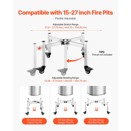 Βάση φωτιάς VEVOR, ρυθμιζόμενο τέντωμα 38-68,6 cm με 4 ροδάκια, βάση φωτιάς για σόμπα, φωτιά Ranger Yukon και άλλες εξωτερικές εστίες, αξεσουάρ τζακιού από ανοξείδωτο ατσάλι για κάμπινγκ