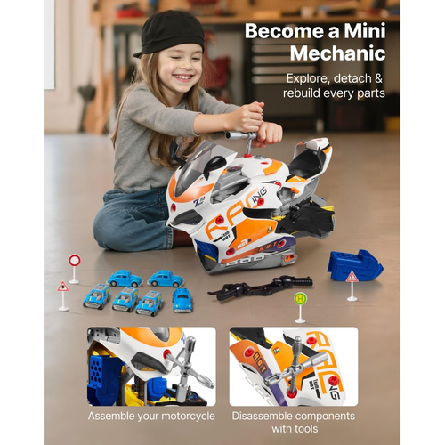 Παιχνίδι Μηχανής Μοτοσικλέτας VEVOR, 25 Τεμάχια, Παιχνίδι Μηχανικού Μοτοσικλέτας με Αφαιρούμενα Μέρη, Φώτα & Ήχους, Προσομοίωση Οδήγησης & Αγώνων Πίστας, Σετ Εργαστηρίου Μηχανικού για Παιδιά 3 Ετών και Άνω, Κίτρινο