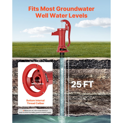 Χειροκίνητη αντλία κανάτας VEVOR Well, μέγιστη ανύψωση 25 ft, χειροκίνητη αντλία νερού από χυτοσίδηρο αντίκα, σύνδεση NPT 1-1/4 in, εύκολη εγκατάσταση, παλαιού τύπου για εξωτερικούς χώρους, κήπο, λίμνη, αυλή, αγρόκτημα, κόκκινη