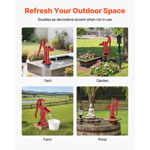 Χειροκίνητη αντλία κανάτας VEVOR Well, μέγιστη ανύψωση 25 ft, χειροκίνητη αντλία νερού από χυτοσίδηρο αντίκα, σύνδεση NPT 1-1/4 in, εύκολη εγκατάσταση, παλαιού τύπου για εξωτερικούς χώρους, κήπο, λίμνη, αυλή, αγρόκτημα, κόκκινη