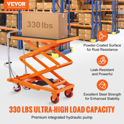 Υδραυλικό καρότσι ανύψωσης VEVOR, χωρητικότητας 330 λιβρών, ύψους ανύψωσης 50", χειροκίνητο διπλό ψαλιδωτό τραπέζι ανύψωσης με 4 τροχούς και αντιολισθητικό πέλμα, υδραυλικό ψαλιδωτό καρότσι για χειρισμό και μεταφορά υλικών