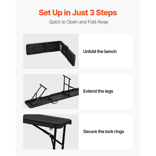 Πλαστικός πτυσσόμενος πάγκος VEVOR, φορητός πάγκος 6 ποδιών για υπαίθριο πικνίκ, πάρτι, κάμπινγκ, φαγητό, πτυσσόμενο λείο κάθισμα HDPE για ποδόσφαιρο κήπου, πολυχρηστικές ψυχαγωγικές δραστηριότητες, 2 τεμάχια, 2 τσάντες μεταφοράς, μαύρο