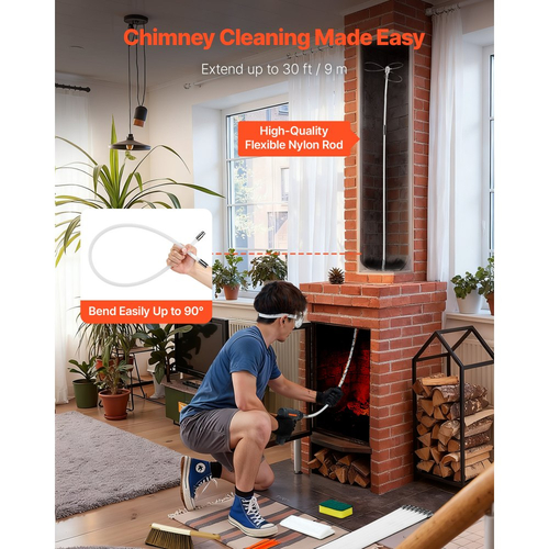 Κιτ καθαρισμού καμινάδας VEVOR, Βούρτσα καμινάδας μέγιστου επεκτάσιμου μήκους 9 μέτρων, Σάρωθρος καθαρισμού καμινάδας με διπλές κεφαλές βούρτσας, Βούρτσα & προστατευτικά γυαλιά, Εργαλείο καθαρισμού τζακιού για τετράγωνες, ορθογώνιες, καμινάδες με αψίδα