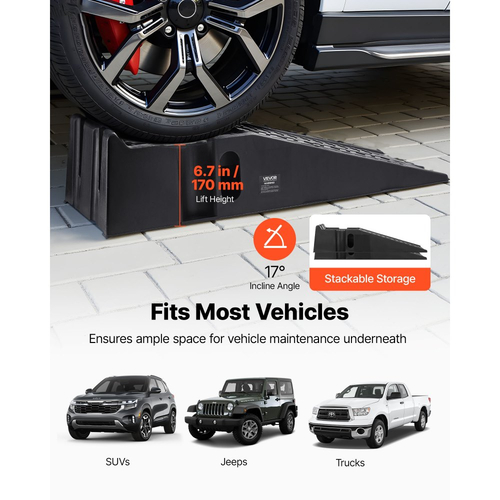Ράμπες αυτοκινήτων VEVOR, 2 τεμάχια χωρητικότητας 7257 kg μικτού βάρους, ύψος ανύψωσης 170 mm, φορητές ράμπες σέρβις αυτοκινήτων υψηλού προφίλ για συντήρηση γκαράζ σπιτιού και αλλαγή λαδιών, βαρέως τύπου για επισκευή φορτηγών, SUV οχημάτων, μαύρο