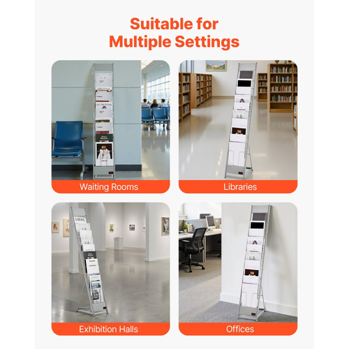 Βάση προβολής φυλλαδίων VEVOR, Βάση προβολής περιοδικών με 10 τσέπες, Φορητή επιδαπέδια βάση περιοδικών, Μεταλλικές θήκες καταλόγων εφημερίδων για κατάστημα, εκθέσεις, γραφείο, εμπορική έκθεση, ασημί