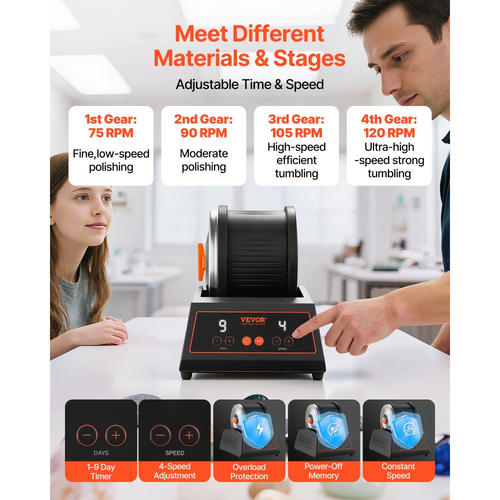 Κιτ γυάλισμα πέτρας VEVOR, κιτ στίλβωσης πέτρας, 4 ρυθμίσεις ταχύτητας, 9ήμερο χρονόμετρο στίλβωσης, κιτ στίλβωσης πέτρας, γυαλιστικό πέτρας χωρίς ζώνη με προσαρμογέα και προστασία υπερφόρτωσης, γυαλιστικό πέτρας για ενήλικες και παιδιά