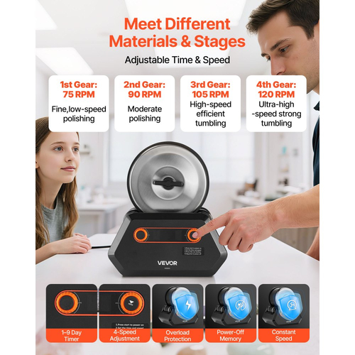 Κιτ γυαλίσματος πέτρας VEVOR, κιτ στίλβωσης πέτρας, 4 ρυθμίσεις ταχύτητας, χρονοδιακόπτης στίλβωσης 9 ημερών, κιτ στίλβωσης πέτρας, γυαλιστικό πέτρας με ακατέργαστες πολύτιμες πέτρες και κόκκους στίλβωσης, γυαλιστικό πέτρας για ενήλικες και παιδιά