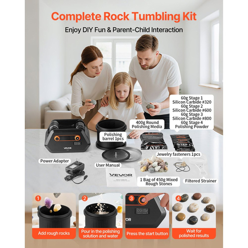 Κιτ γυαλίσματος πέτρας VEVOR, κιτ στίλβωσης πέτρας, 4 ρυθμίσεις ταχύτητας, χρονοδιακόπτης στίλβωσης 9 ημερών, κιτ στίλβωσης πέτρας, γυαλιστικό πέτρας με ακατέργαστες πολύτιμες πέτρες και κόκκους στίλβωσης, γυαλιστικό πέτρας για ενήλικες και παιδιά