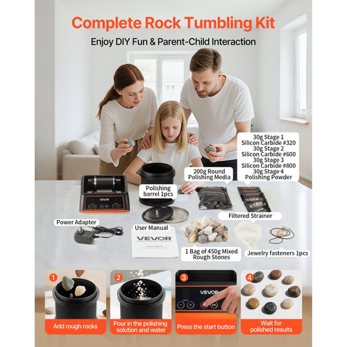 Κιτ γυαλίσματος πέτρας VEVOR, κιτ στίλβωσης πέτρας, 4 ρυθμίσεις ταχύτητας, χρονοδιακόπτης στίλβωσης 9 ημερών, κιτ στίλβωσης πέτρας, γυαλιστικό πέτρας με ακατέργαστες πολύτιμες πέτρες και κόκκους στίλβωσης, γυαλιστικό πέτρας για ενήλικες και παιδιά