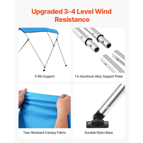 Κορυφές τέντας VEVOR με 3 πλώρη, τέντα από πολυεστέρα 600D με πλαίσιο από κράμα αλουμινίου, αδιάβροχη και σκιερή τέντα με τσάντα αποθήκευσης, 2 στηρίγματα στήριξης, 4 ιμάντες, 6&#039;Μ x (54"-60")Π x 46"Υ, μπλε του Ειρηνικού