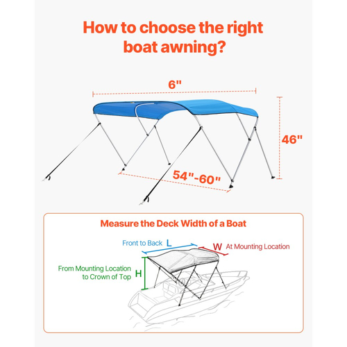Κορυφές τέντας VEVOR με 3 πλώρη, τέντα από πολυεστέρα 600D με πλαίσιο από κράμα αλουμινίου, αδιάβροχη και σκιερή τέντα με τσάντα αποθήκευσης, 2 στηρίγματα στήριξης, 4 ιμάντες, 6&#039;Μ x (54"-60")Π x 46"Υ, μπλε του Ειρηνικού