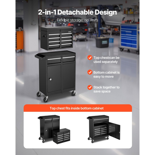Ρολό εργαλειοθήκης VEVOR, Σχεδιασμός 2 σε 1, Οργανωτής ερμαρίου εργαλείων με 5 συρτάρια με αποσπώμενη μεταλλική εργαλειοθήκη, μπάρα κλειδώματος, προστατευτική επένδυση και ράφι εργαλείων, Ντουλάπι αποθήκευσης γκαράζ για αποθήκη, εργαστήριο