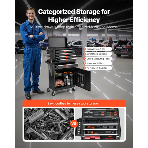 Ρολό εργαλειοθήκης VEVOR, Σχεδιασμός 2 σε 1, Οργανωτής ερμαρίου εργαλείων με 5 συρτάρια με αποσπώμενη μεταλλική εργαλειοθήκη, μπάρα κλειδώματος, προστατευτική επένδυση και ράφι εργαλείων, Ντουλάπι αποθήκευσης γκαράζ για αποθήκη, εργαστήριο