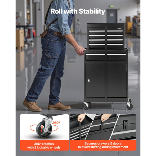 Ρολό εργαλειοθήκης VEVOR, Σχεδιασμός 2 σε 1, Οργανωτής ερμαρίου εργαλείων με 5 συρτάρια με αποσπώμενη μεταλλική εργαλειοθήκη, μπάρα κλειδώματος, προστατευτική επένδυση και ράφι εργαλείων, Ντουλάπι αποθήκευσης γκαράζ για αποθήκη, εργαστήριο