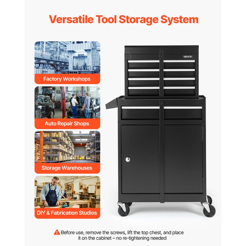 Ρολό εργαλειοθήκης VEVOR, Σχεδιασμός 2 σε 1, Οργανωτής ερμαρίου εργαλείων με 5 συρτάρια με αποσπώμενη μεταλλική εργαλειοθήκη, μπάρα κλειδώματος, προστατευτική επένδυση και ράφι εργαλείων, Ντουλάπι αποθήκευσης γκαράζ για αποθήκη, εργαστήριο