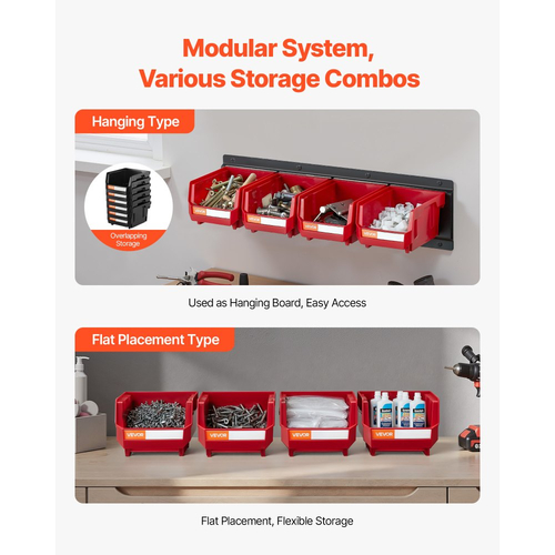 Κάδοι Αποθήκευσης VEVOR Επιτοίχιοι, 12 Πλαστικοί Κάδοι & 3 Μεταλλικές Ράγες, Πλαστικός Κρεμαστός Κάδος Αποθήκευσης με Στοίβα για Βίδες, Παξιμάδια, Μπουλόνια, Καρφιά, Οργανωτής Εργαλείων για Εργαστήριο, Χώρο Χειροτεχνίας, Γκαράζ, Κόκκινο