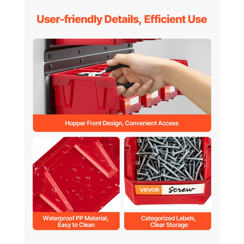 Κάδοι Αποθήκευσης VEVOR Επιτοίχιοι, 12 Πλαστικοί Κάδοι & 3 Μεταλλικές Ράγες, Πλαστικός Κρεμαστός Κάδος Αποθήκευσης με Στοίβα για Βίδες, Παξιμάδια, Μπουλόνια, Καρφιά, Οργανωτής Εργαλείων για Εργαστήριο, Χώρο Χειροτεχνίας, Γκαράζ, Κόκκινο
