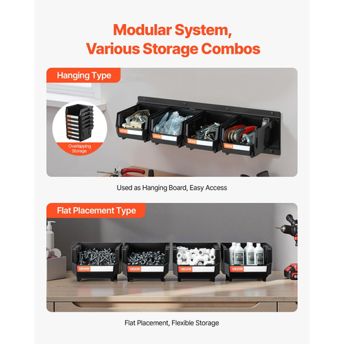 Κάδοι Αποθήκευσης VEVOR Επιτοίχιοι, 12 Πλαστικοί Κάδοι & 3 Μεταλλικές Ράγες, Πλαστικός Κρεμαστός Κάδος Αποθήκευσης με Στοίβα για Βίδες, Παξιμάδια, Μπουλόνια, Καρφιά, Οργανωτής Εργαλείων για Εργαστήριο, Χώρο Χειροτεχνίας, Γκαράζ, Μαύρος