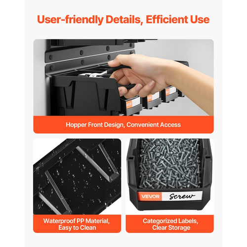 Κάδοι Αποθήκευσης VEVOR Επιτοίχιοι, 12 Πλαστικοί Κάδοι & 3 Μεταλλικές Ράγες, Πλαστικός Κρεμαστός Κάδος Αποθήκευσης με Στοίβα για Βίδες, Παξιμάδια, Μπουλόνια, Καρφιά, Οργανωτής Εργαλείων για Εργαστήριο, Χώρο Χειροτεχνίας, Γκαράζ, Μαύρος