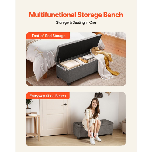 Πάγκος Αποθήκευσης VEVOR, Πάγκος Κρεβατιού με Κουμπιά και Πλαϊνές Τσάντες, Αναδιπλούμενο Κιβώτιο Αποθήκευσης με Μεταλλικό Σκελετό, Οθωμανός Κρεβατιού από Λινό για Σαλόνι, Υπνοδωμάτιο, Είσοδο, Γραφείο, Γκρι