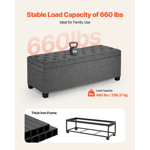 Πάγκος Αποθήκευσης VEVOR, Πάγκος Κρεβατιού με Κουμπιά και Πλαϊνές Τσάντες, Αναδιπλούμενο Κιβώτιο Αποθήκευσης με Μεταλλικό Σκελετό, Οθωμανός Κρεβατιού από Λινό για Σαλόνι, Υπνοδωμάτιο, Είσοδο, Γραφείο, Γκρι