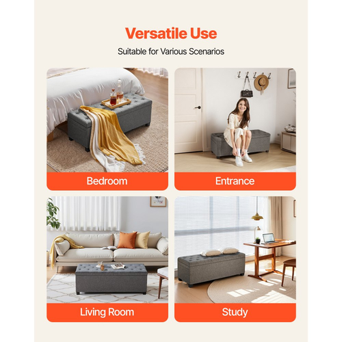 Πάγκος Αποθήκευσης VEVOR, Πάγκος Κρεβατιού με Κουμπιά και Πλαϊνές Τσάντες, Αναδιπλούμενο Κιβώτιο Αποθήκευσης με Μεταλλικό Σκελετό, Οθωμανός Κρεβατιού από Λινό για Σαλόνι, Υπνοδωμάτιο, Είσοδο, Γραφείο, Γκρι